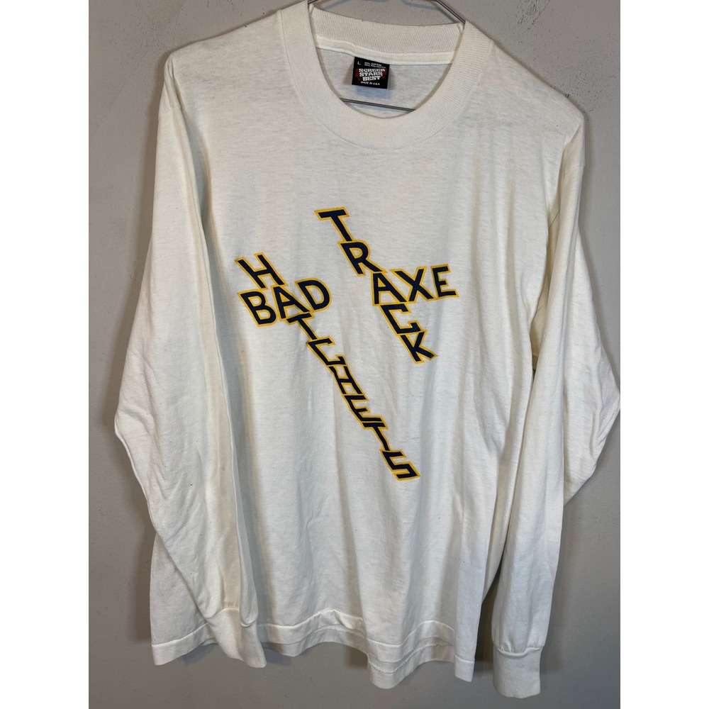 Screen Stars Mens Long Sleeve Graphic Tee Traxe Track Bad Hatchets White Size L
